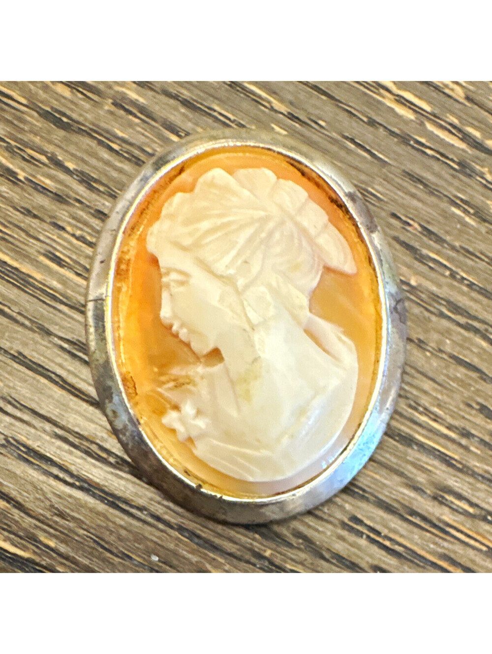 Estate Carved Shell Cameo Lady Profile Brooch in Silver Tone